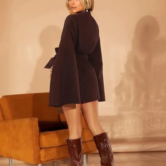 Double Breasted Cloak Sleeve Belted Overcoat Jacket Brown Minimalist - Picture 5 of 5